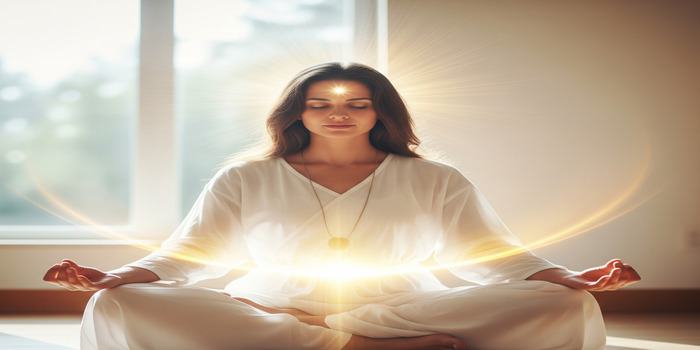 Woman meditating with light aura